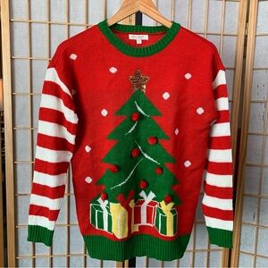 Ultra Flirt Ugly Christmas Tree Sweater with Sequins and Pom-Poms NWT